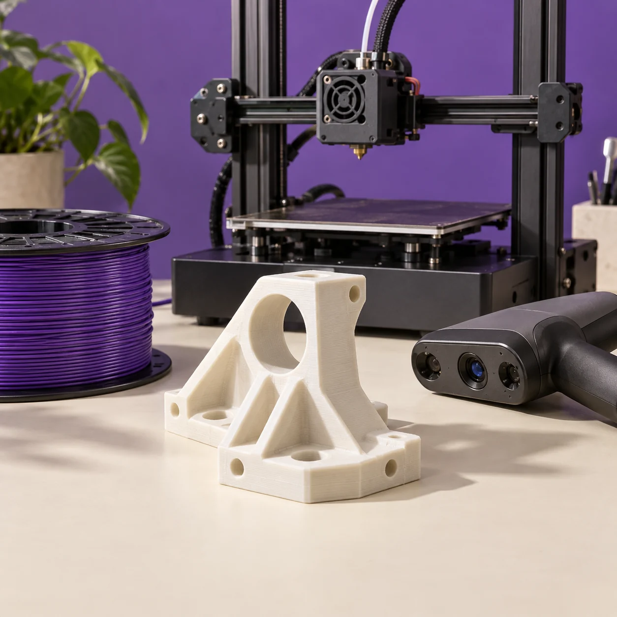 Predstavitveni prizor 3D skeniranja, modeliranja in tiskanja, ustvarjen z AI