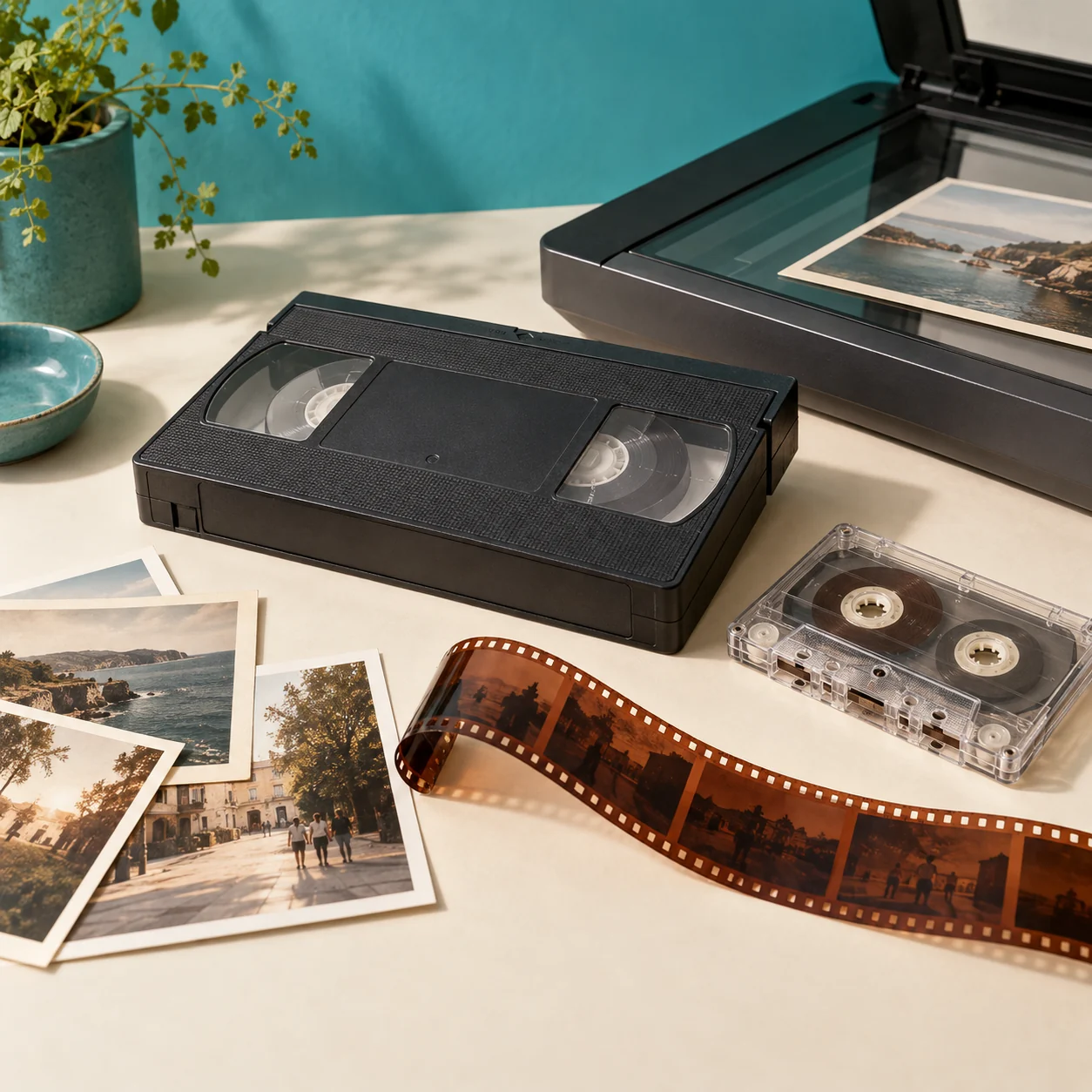 Predstavitveni prizor starih videokaset, filmov in fotografij za digitalizacijo, ustvarjen z AI